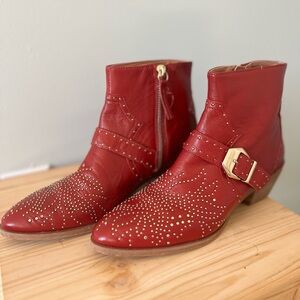 Zara red studded genuine leather western ankle boots
